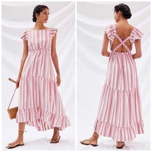 Anthropologie Maeve Striped Maxi Dress Backless Tiered Ruffle Cotton | Size Med